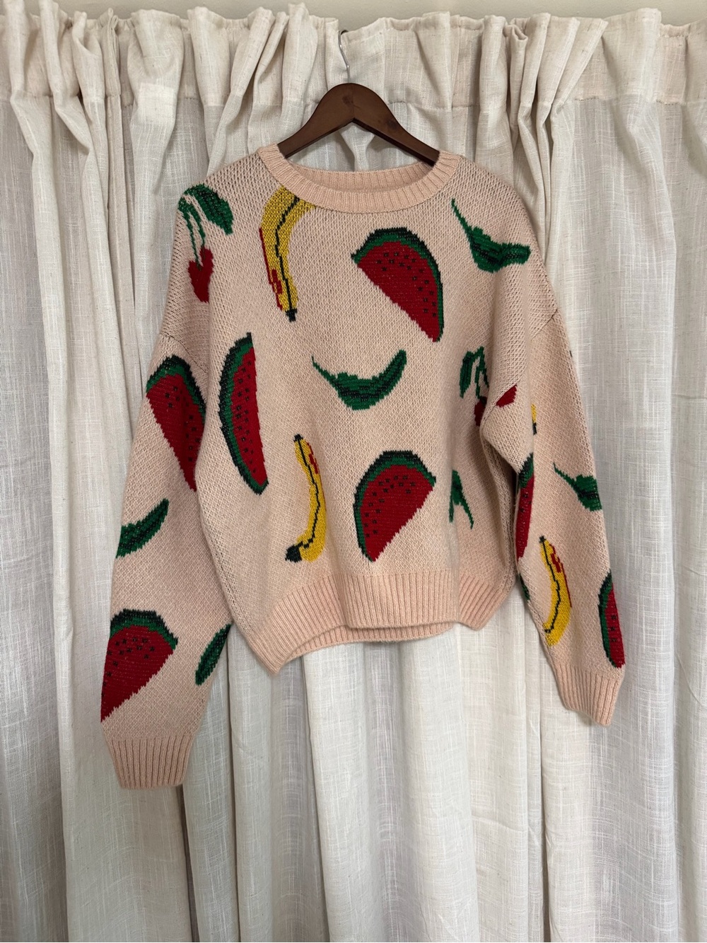 Urban Outfitters Cream Fruit-Print Crewneck Sweater with Red & Yellow Accents